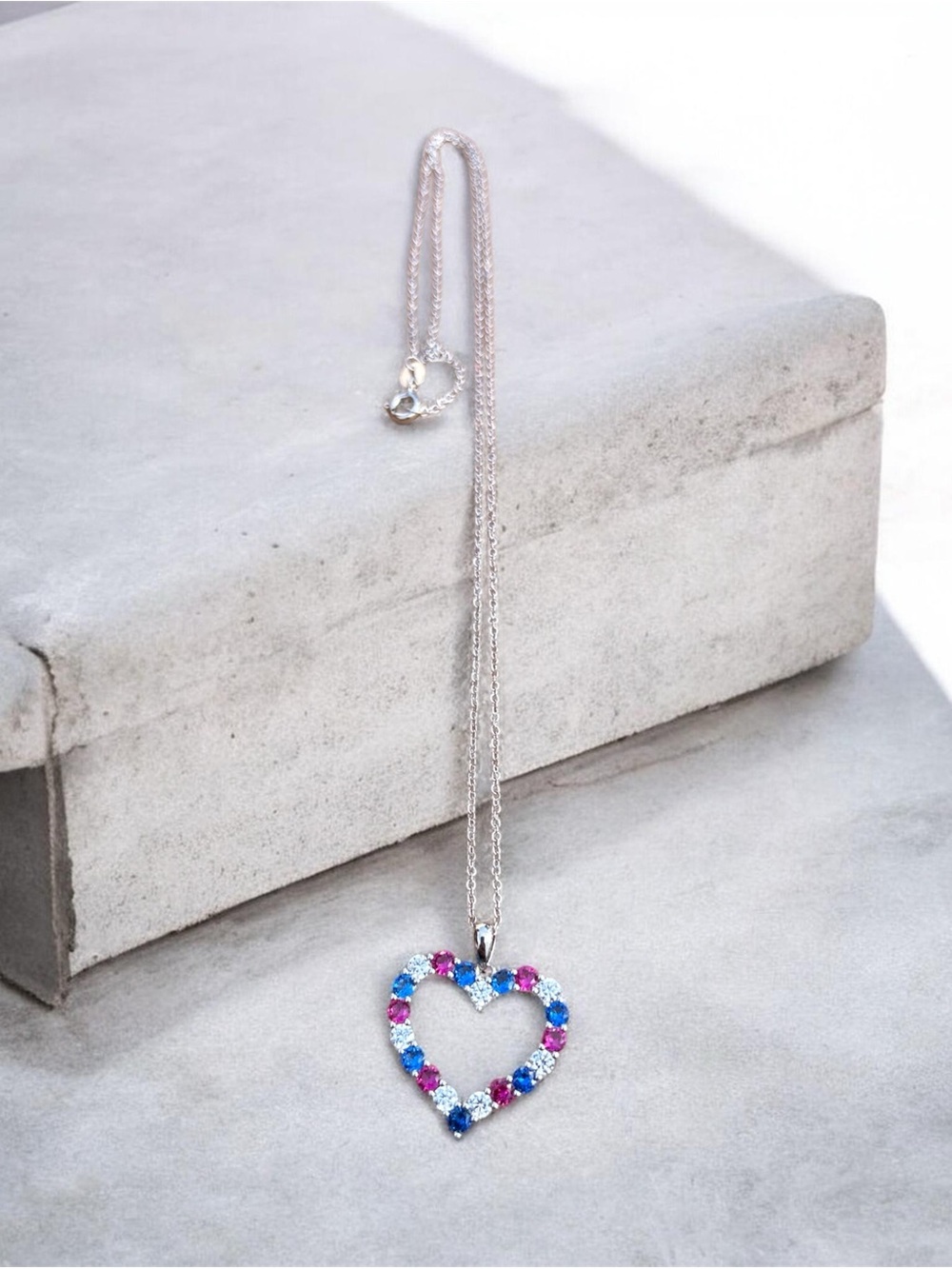 Sterling Silver Heart Pendant Necklace with Pink & Blue Gemstones